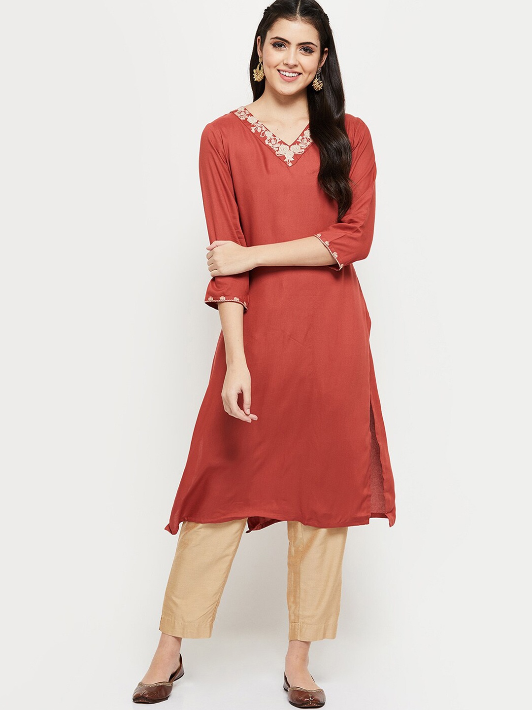 

max Women Rust Yoke Design regular Sleeves Kurta