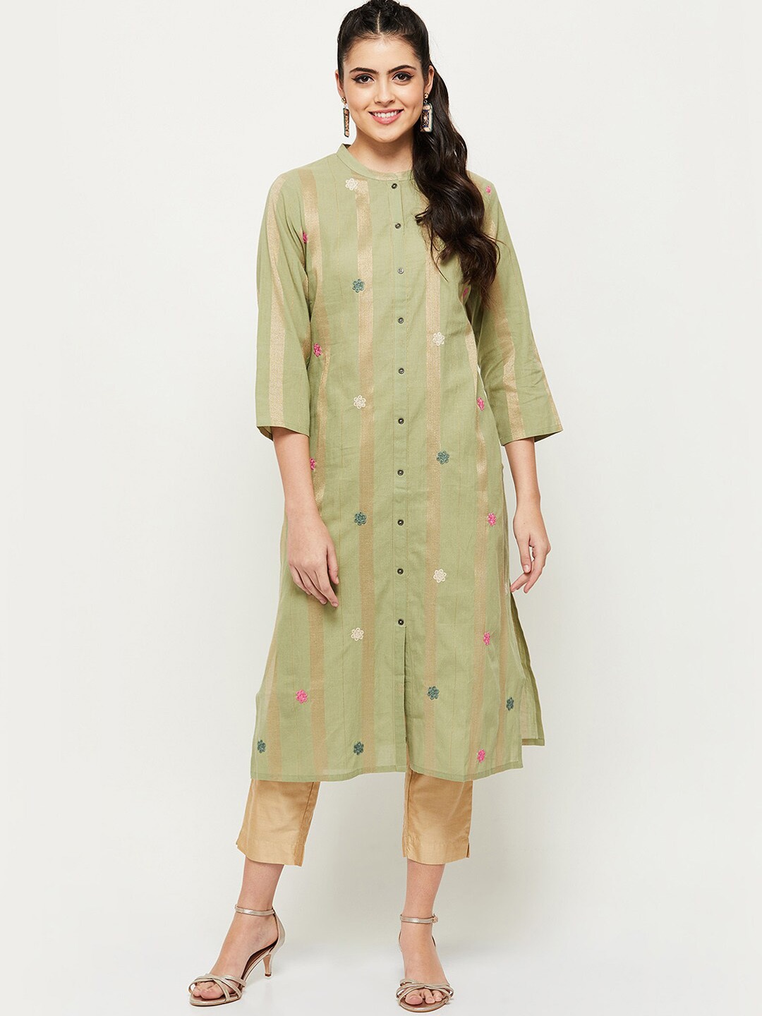 

max Women Green Floral Embroidered Kurta