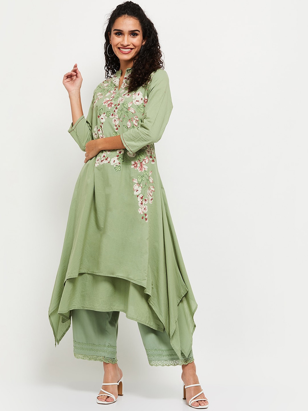 

max Women Green Floral Yoke Design Kurta