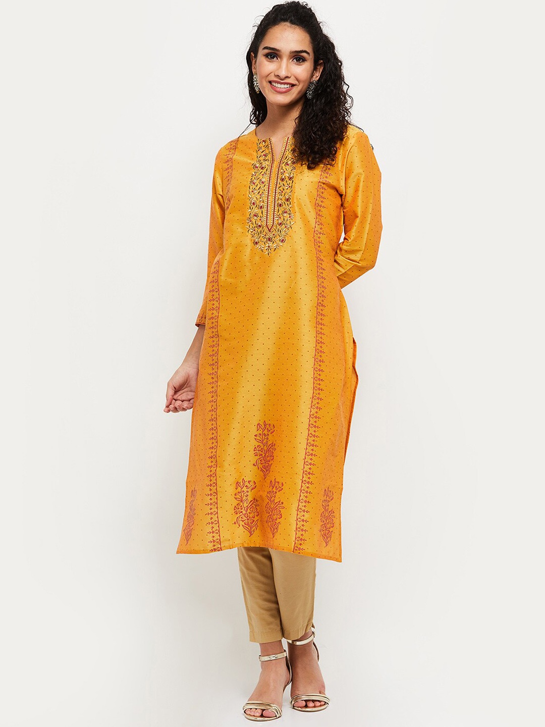 

max Women Mustard Yellow Ethnic Motifs Embroidered Kurta