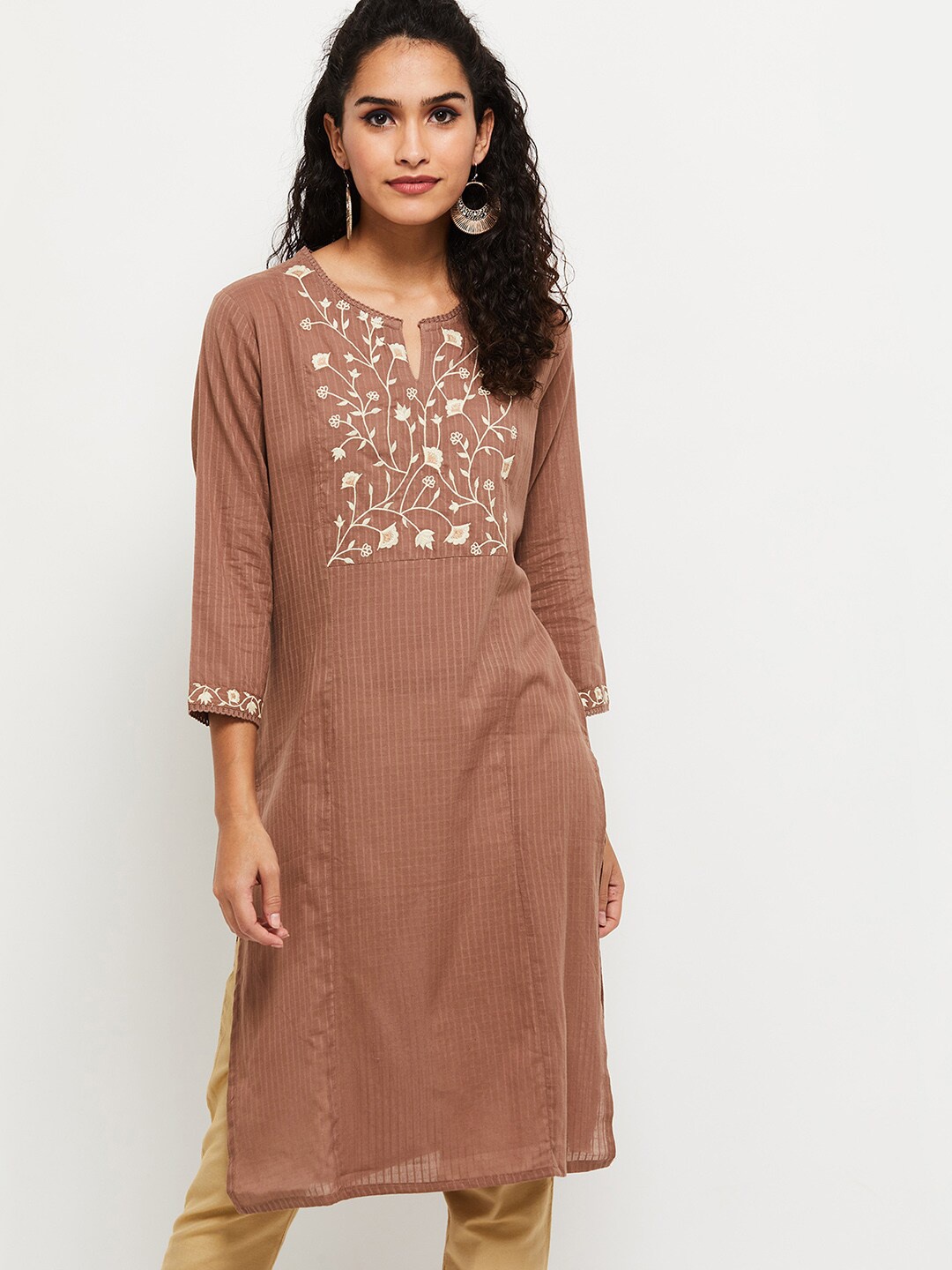 

max Women Brown & sierra Yoke Design Thread Work Kurta