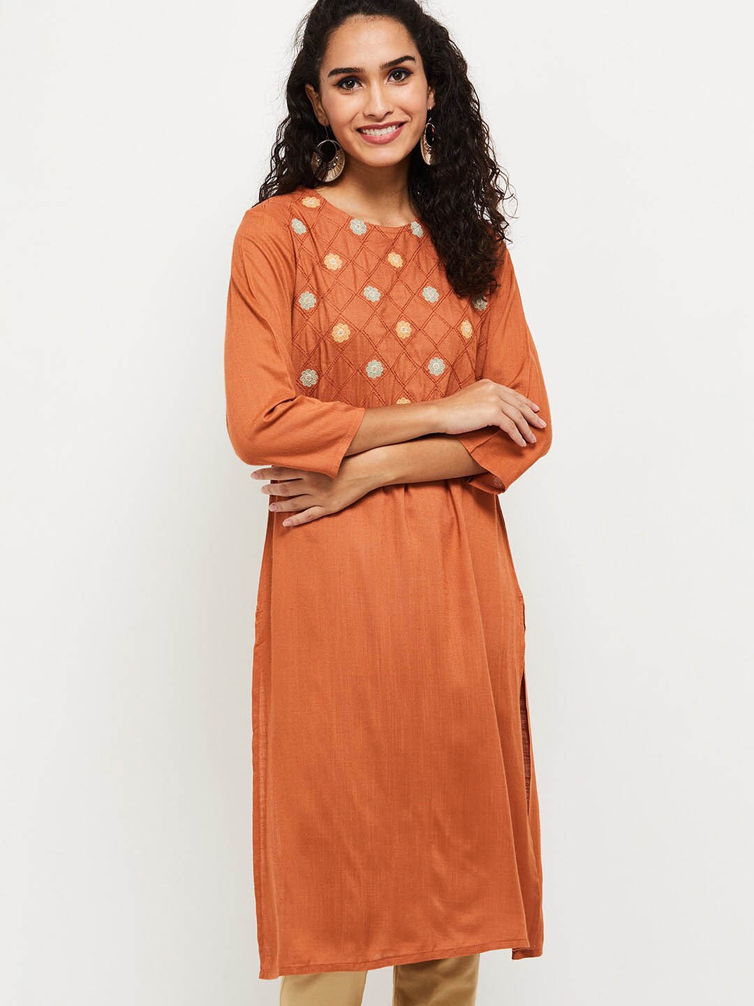

max Women Rust Geometric Embroidered Kurta
