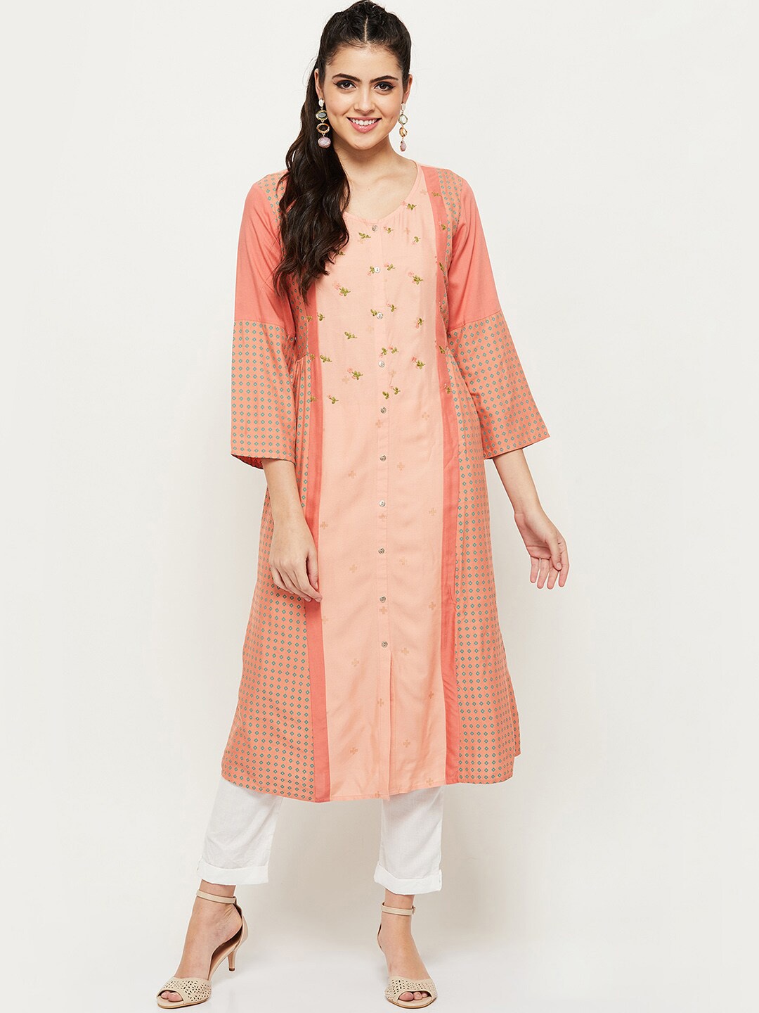

max Women Peach-Coloured Ethnic Motifs Thread Work Kurta
