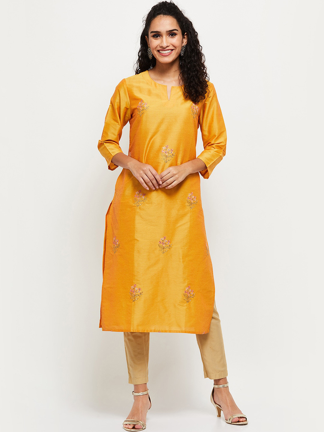 

Max Women Mustard Yellow Floral Embroidered Kurta