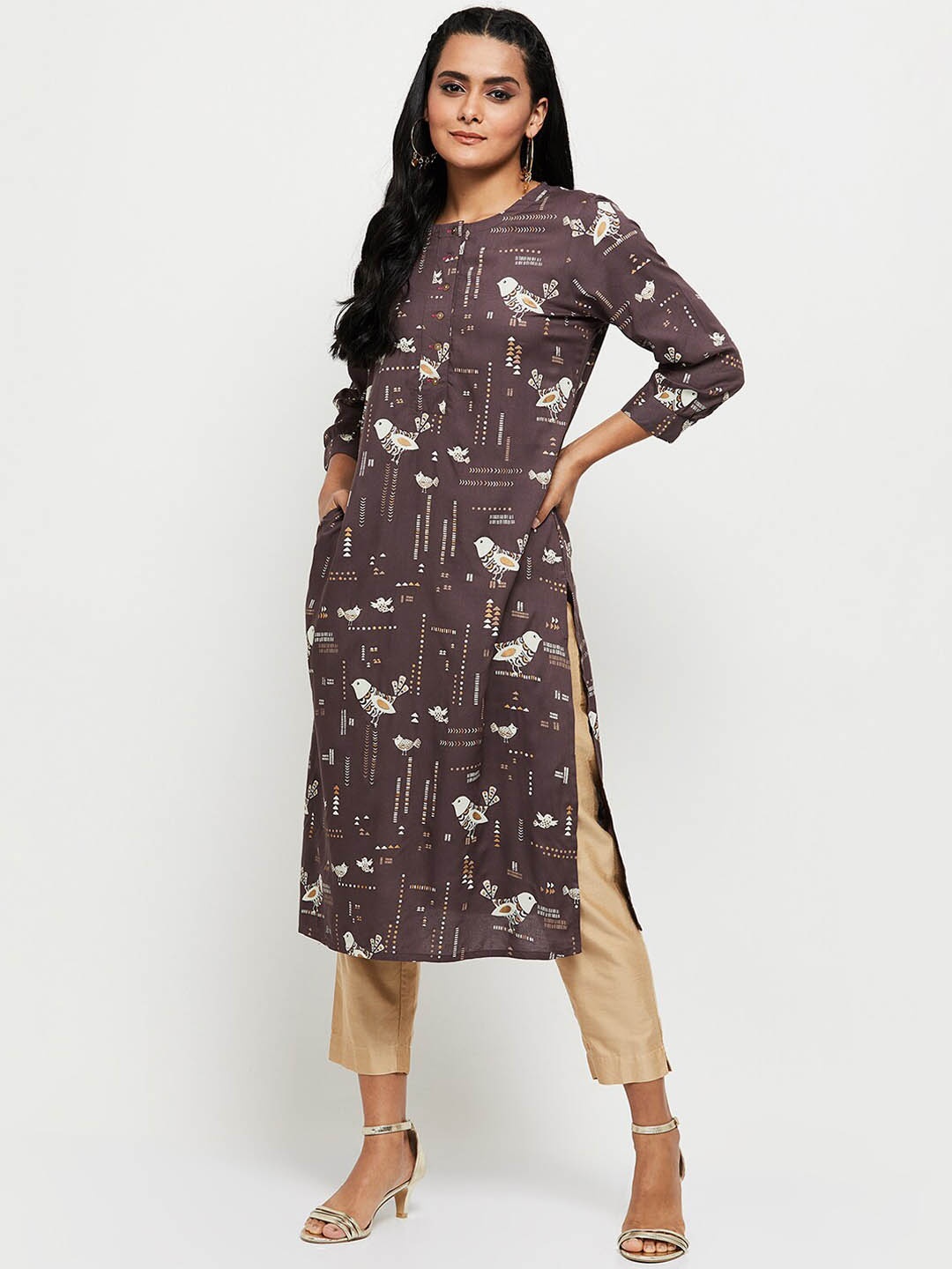 

max Women Taupe Ethnic Motifs Printed Kurta
