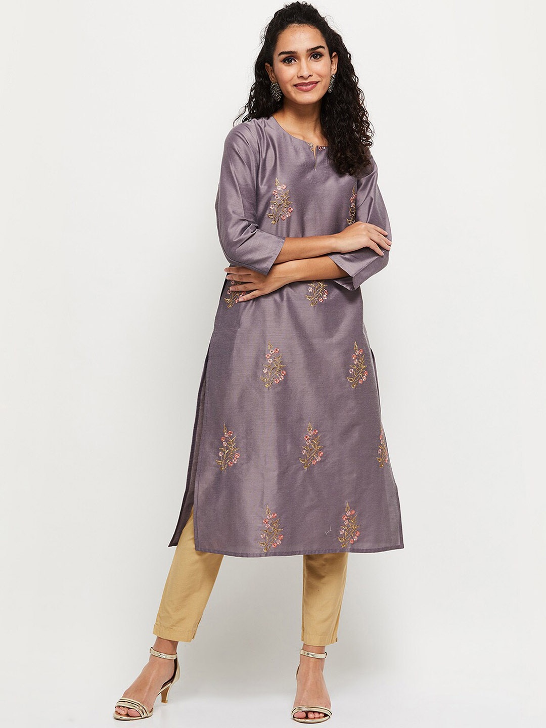 

max Women Purple Floral Printed Gotta Patti Kurta