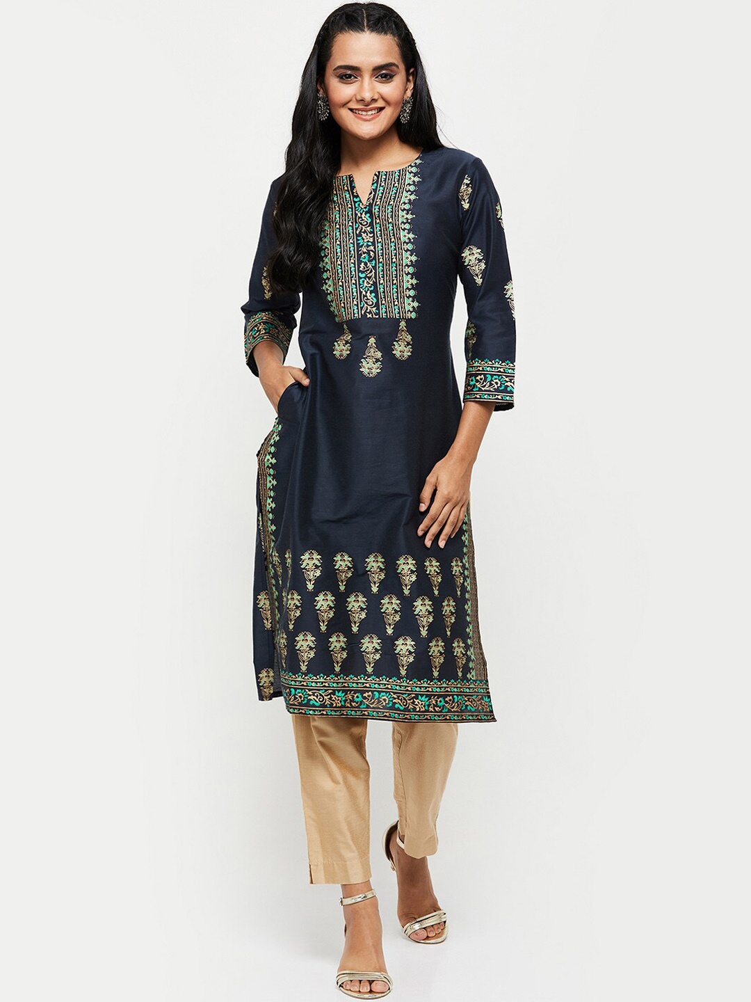 

max Women Blue Ethnic Motifs Embroidered Mirror Work Kurta