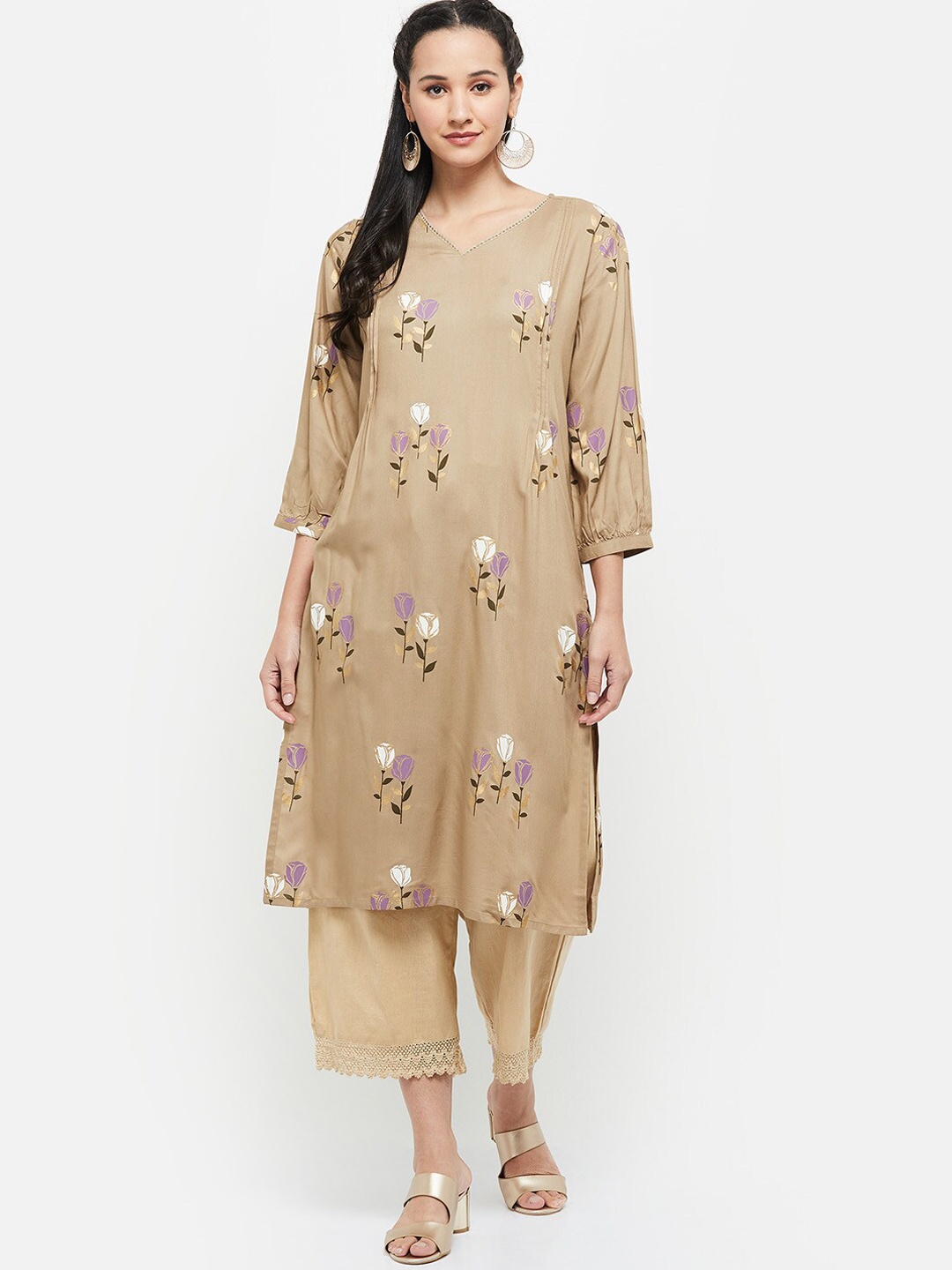 

max Women Beige Floral Printed Kurta