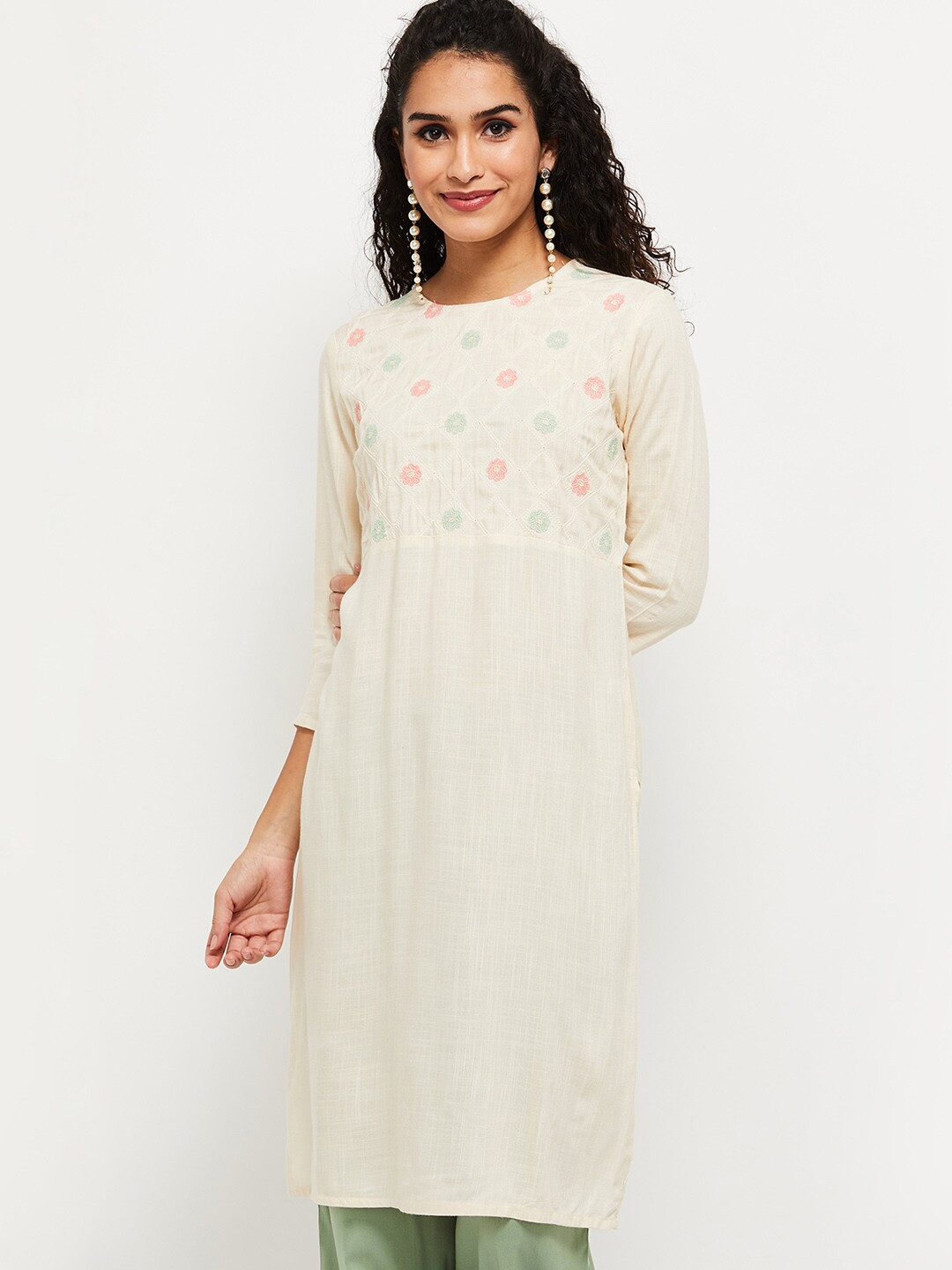 

max Women Cream-Coloured & icicle Floral Embroidered Chikankari Kurta