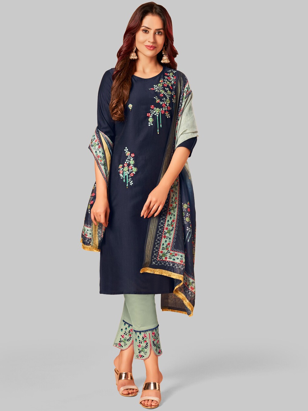 

7TH FAB Women Blue Pleated Pure Silk Kurti with Trousers & With Dupatta