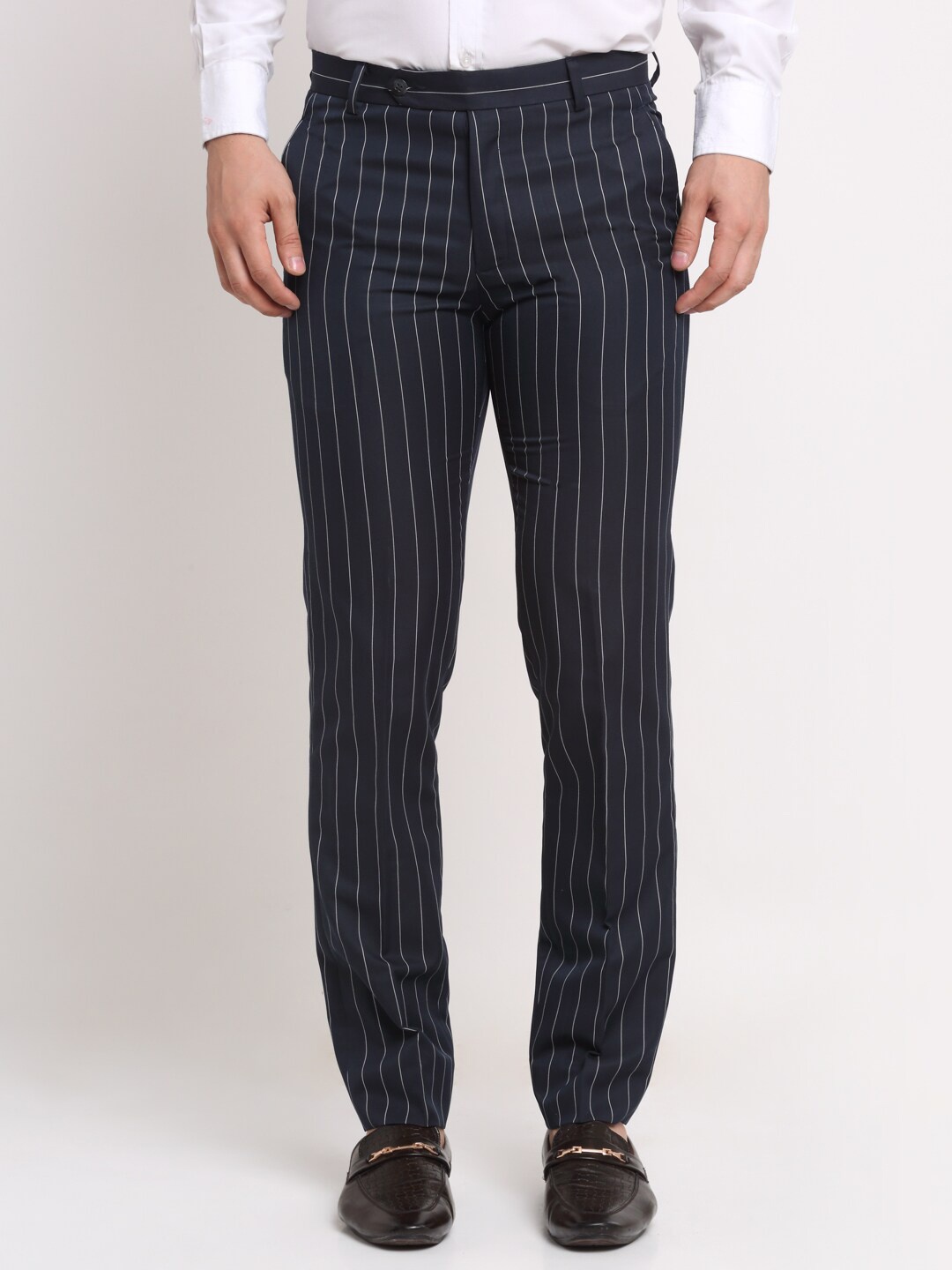 

Ennoble Men Blue Striped Smart Slim Fit Lint Free Trousers