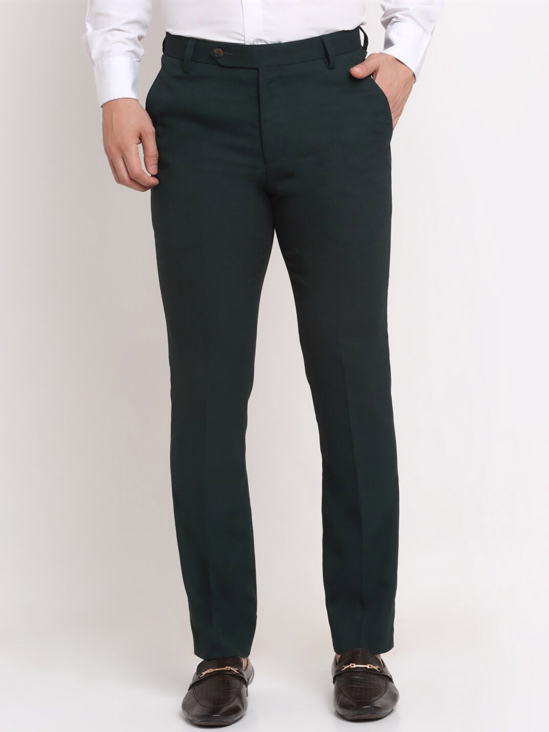 

Ennoble Men Green Smart Slim Fit Lint Free Trousers