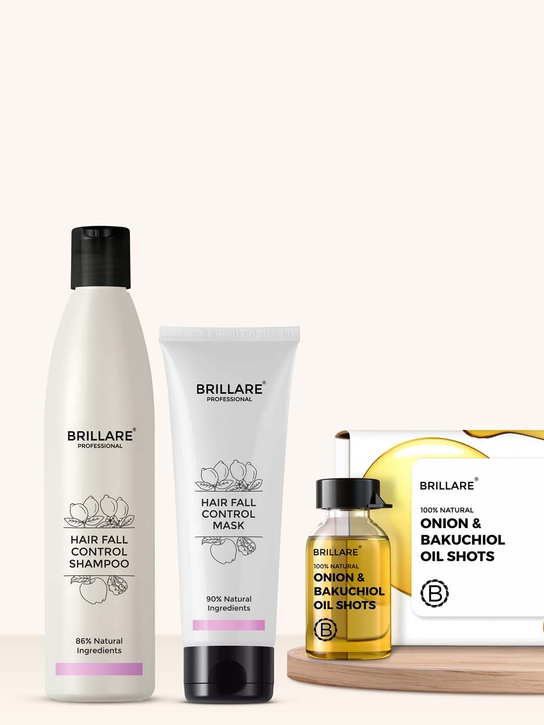 

BRILLARE Sustainable Hair Fall Control Kit - Shampoo 300ml + Hair Mask 125g + Oil Shots 6mlx8, White