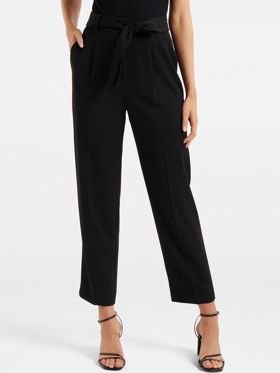 

Forever New Women Black Tapered Fit High-Rise Pleated Trousers