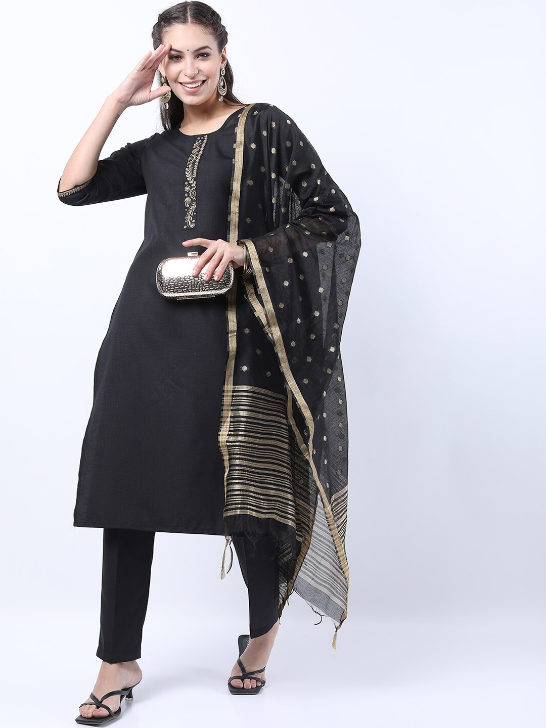 

Vishudh Women Black Kurta with Trousers & Dupatta