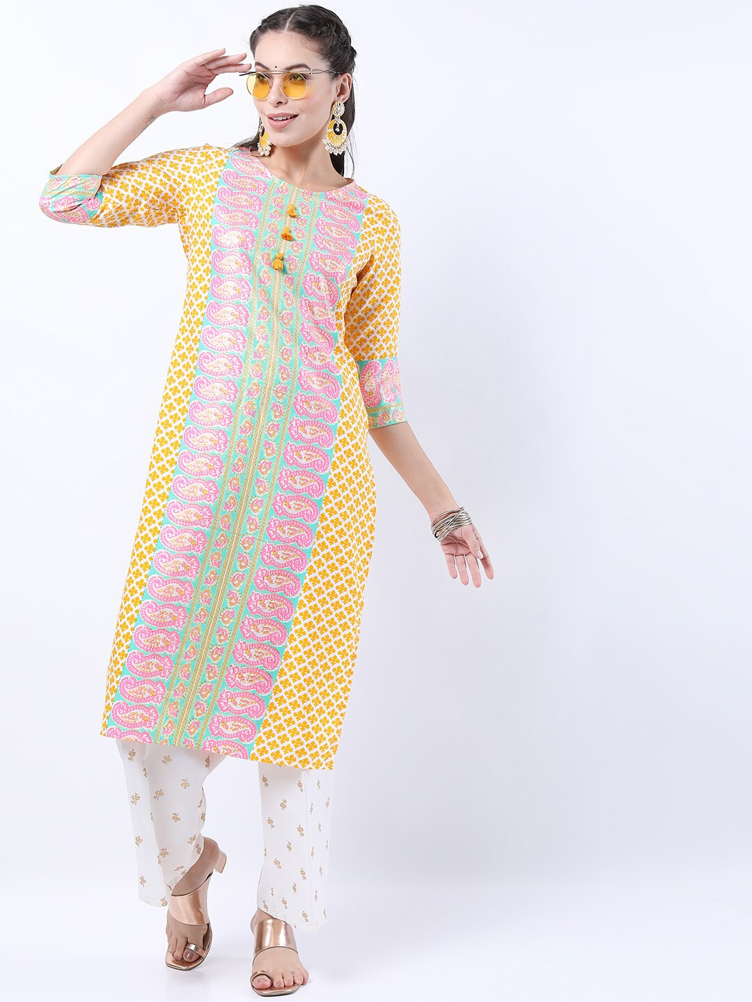 

Vishudh Women Yellow & Pink Ethnic Motifs Printed Kurta