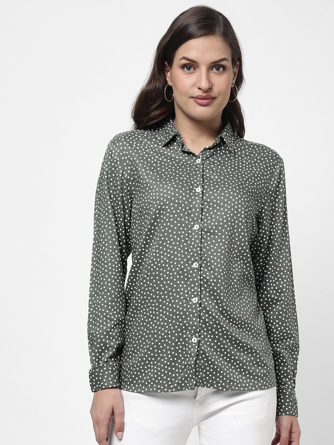 

R&B Women Olive Green Printed Casual Shirt