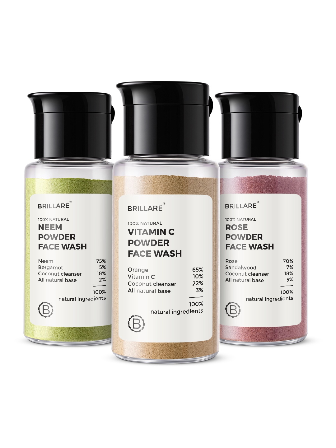 

BRILLARE Set of 3 Powder Sustainable Face Wash - Real Neem + Real Vitamin C + Real Rose - 15g Each, Green