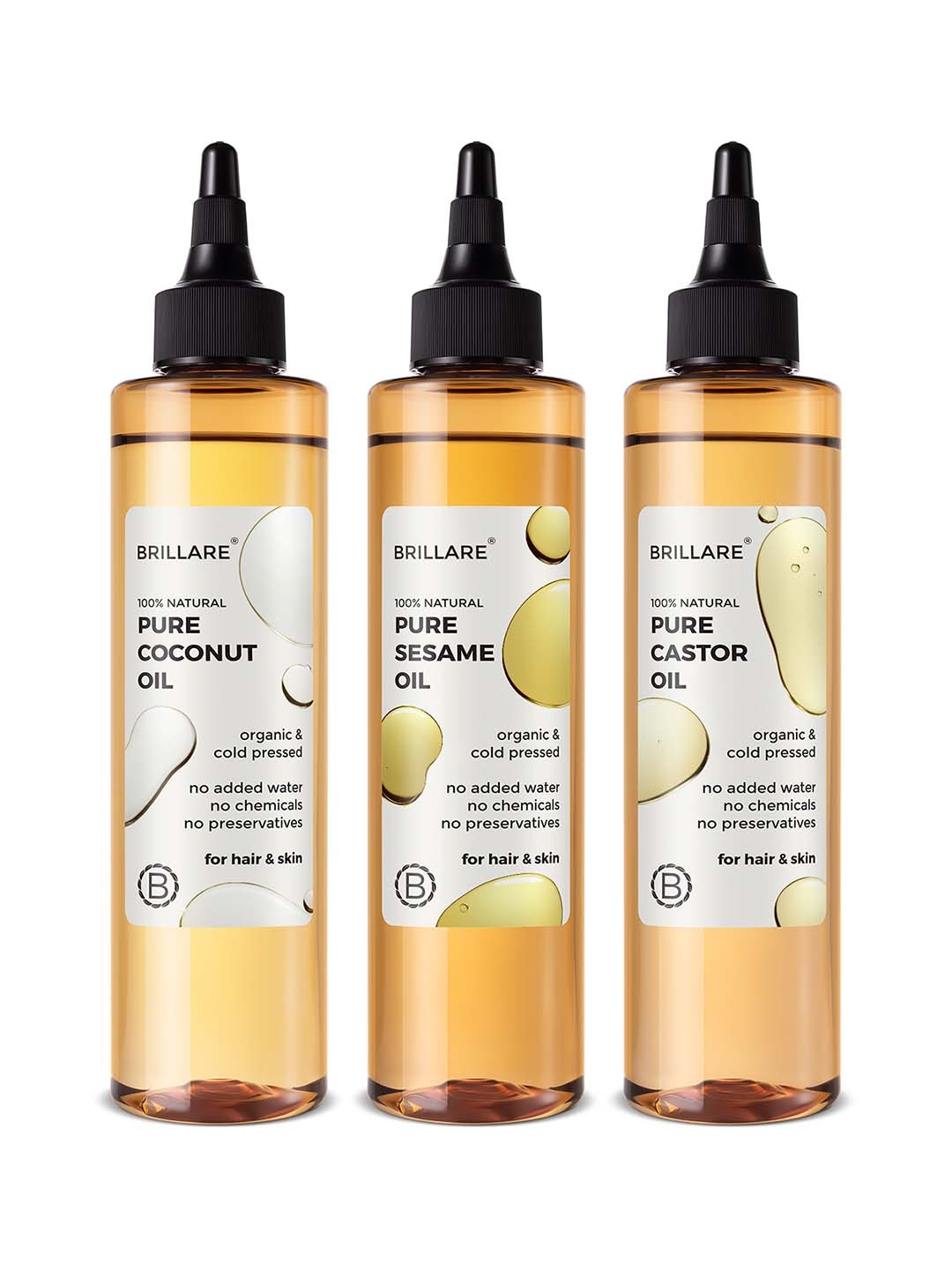 

BRILLARE Sustainable Set of 3 Cold-Pressed Oils - Coconut Oil + Sesame Oil + Castor Oil - 200 ml Each, White