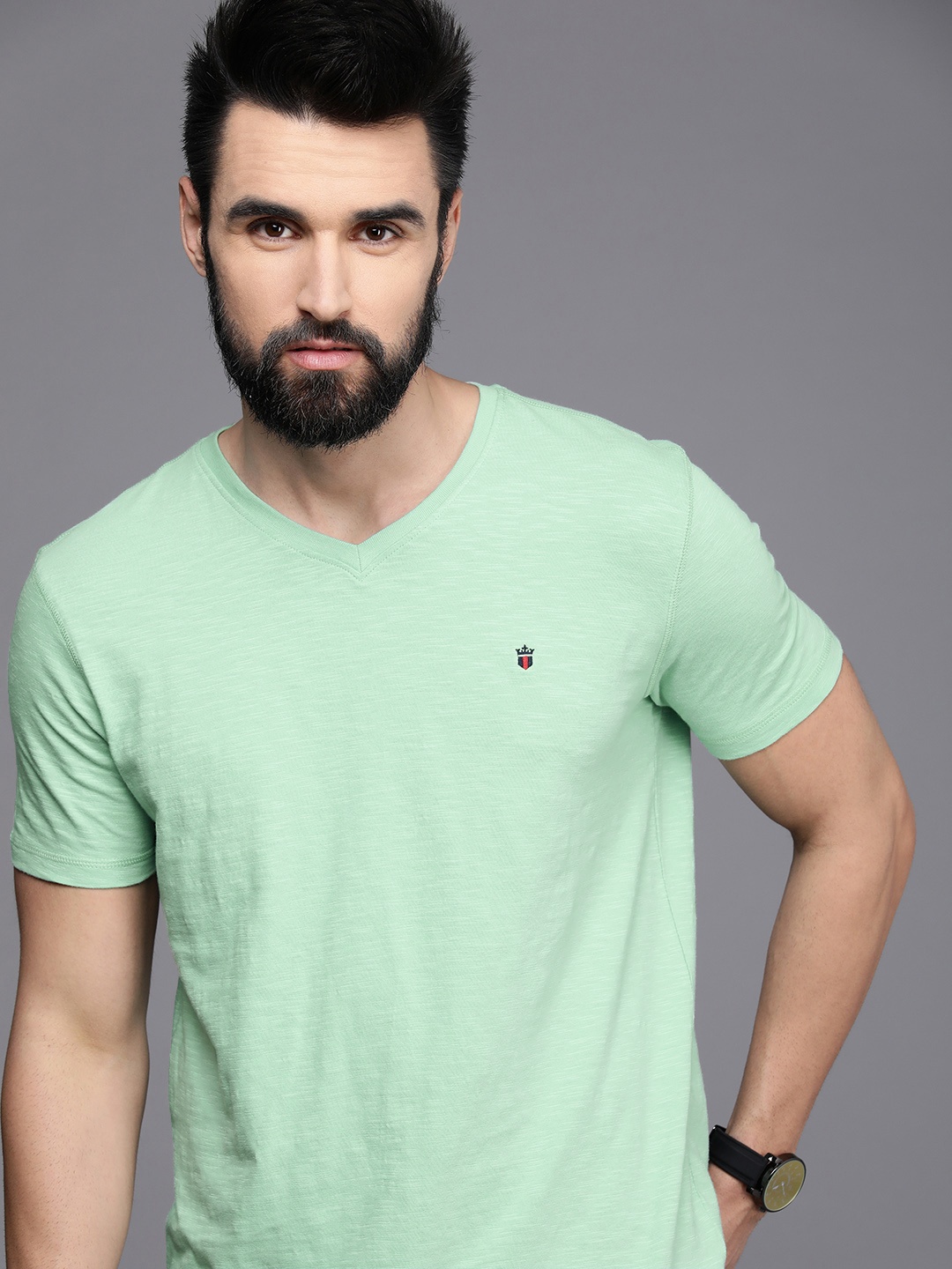 

Louis Philippe Jeans Men Green Solid Pure Cotton V-Neck Slim Fit T-shirt