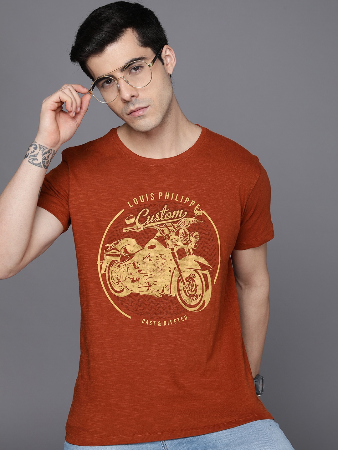 

Louis Philippe Jeans Men Rust Brown Biker Printed Pure Cotton Slim Fit T-shirt