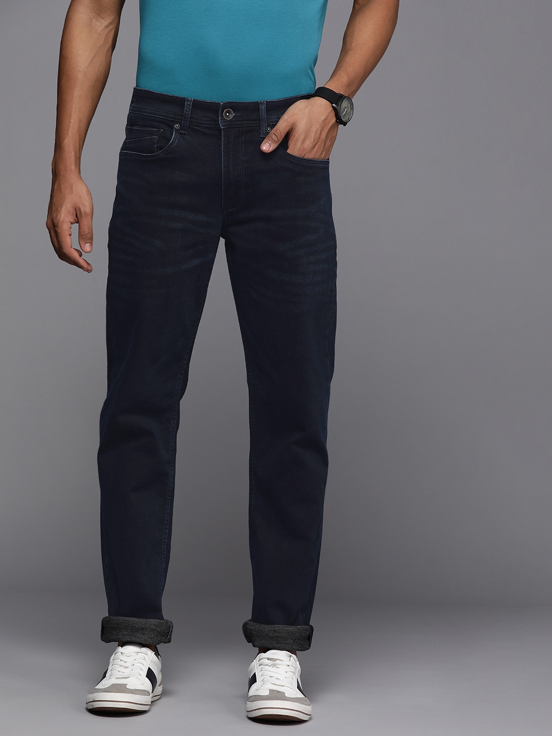 

Louis Philippe Jeans Men Navy Blue Matt Slim Fit Low-Rise Light Fade Stretchable Jeans