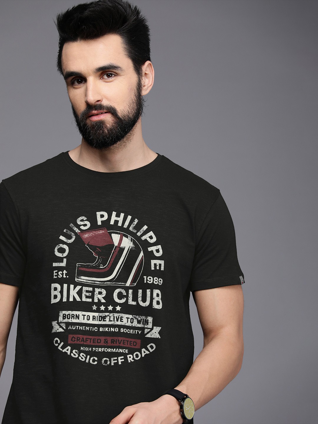 

Louis Philippe Jeans Men Black Brand Logo Printed Pure Cotton Slim Fit T-shirt