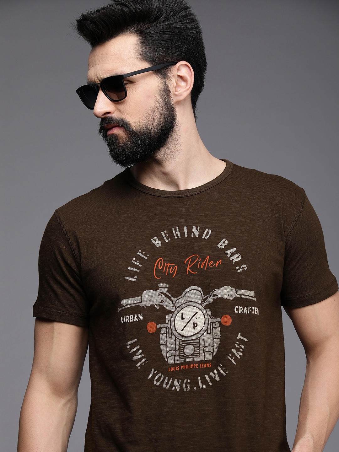 

Louis Philippe Jeans Men Brown Biker Printed Pure Cotton Slim Fit T-shirt