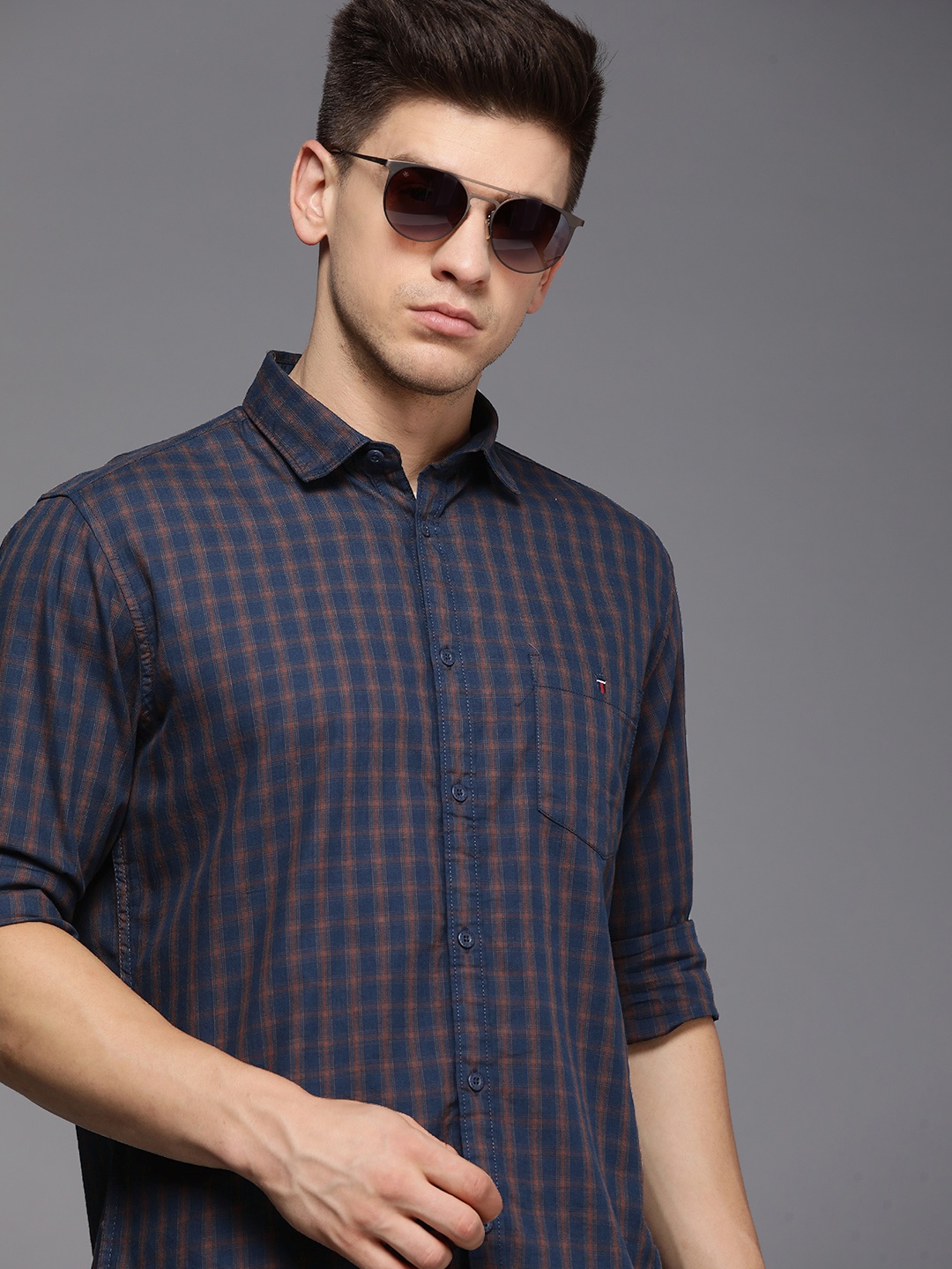 

Louis Philippe Jeans Men Navy Blue Slim Fit Checked Casual Shirt