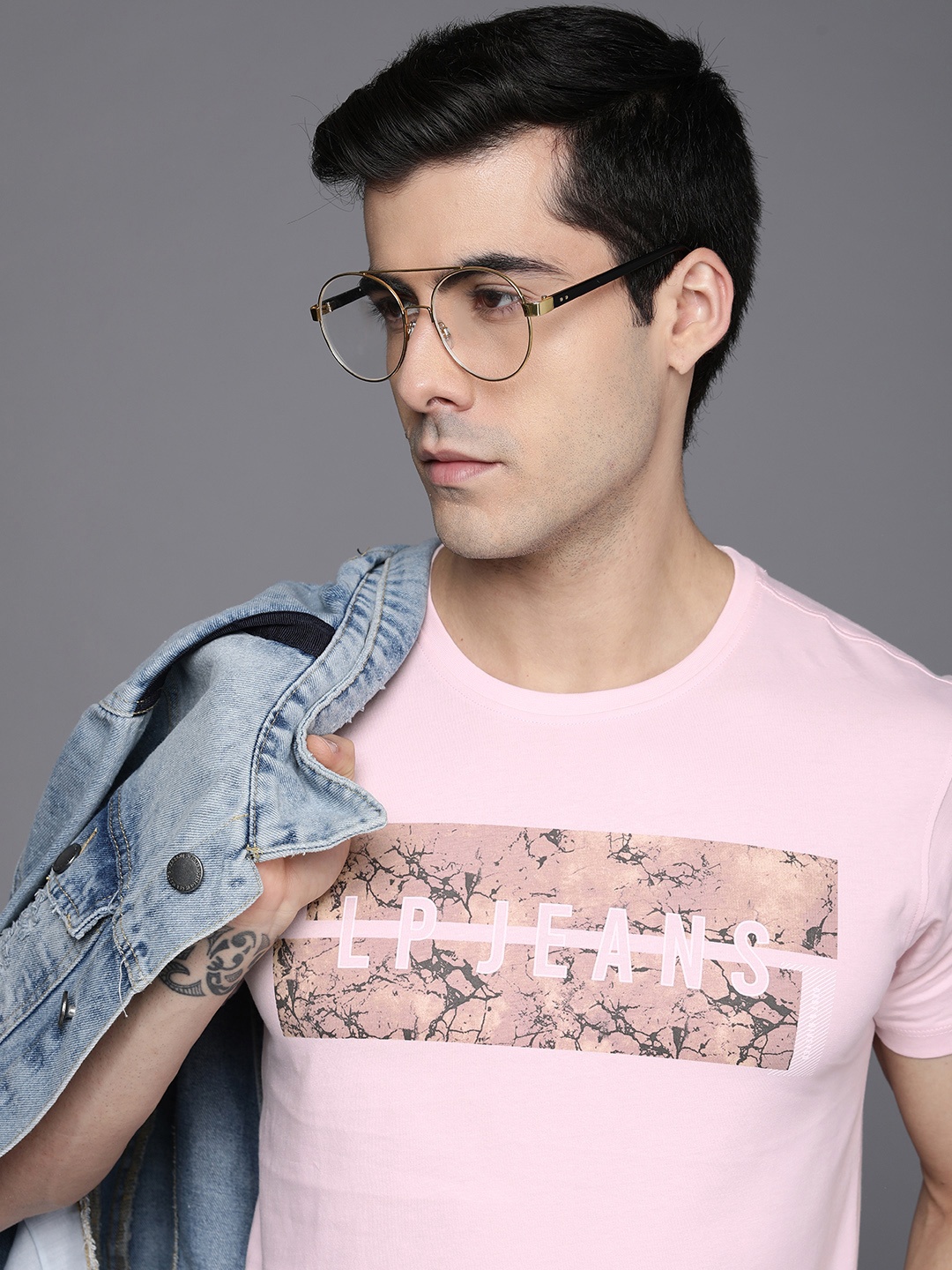 

Louis Philippe Jeans Men Pink Typography Printed Pure Cotton Slim Fit T-shirt