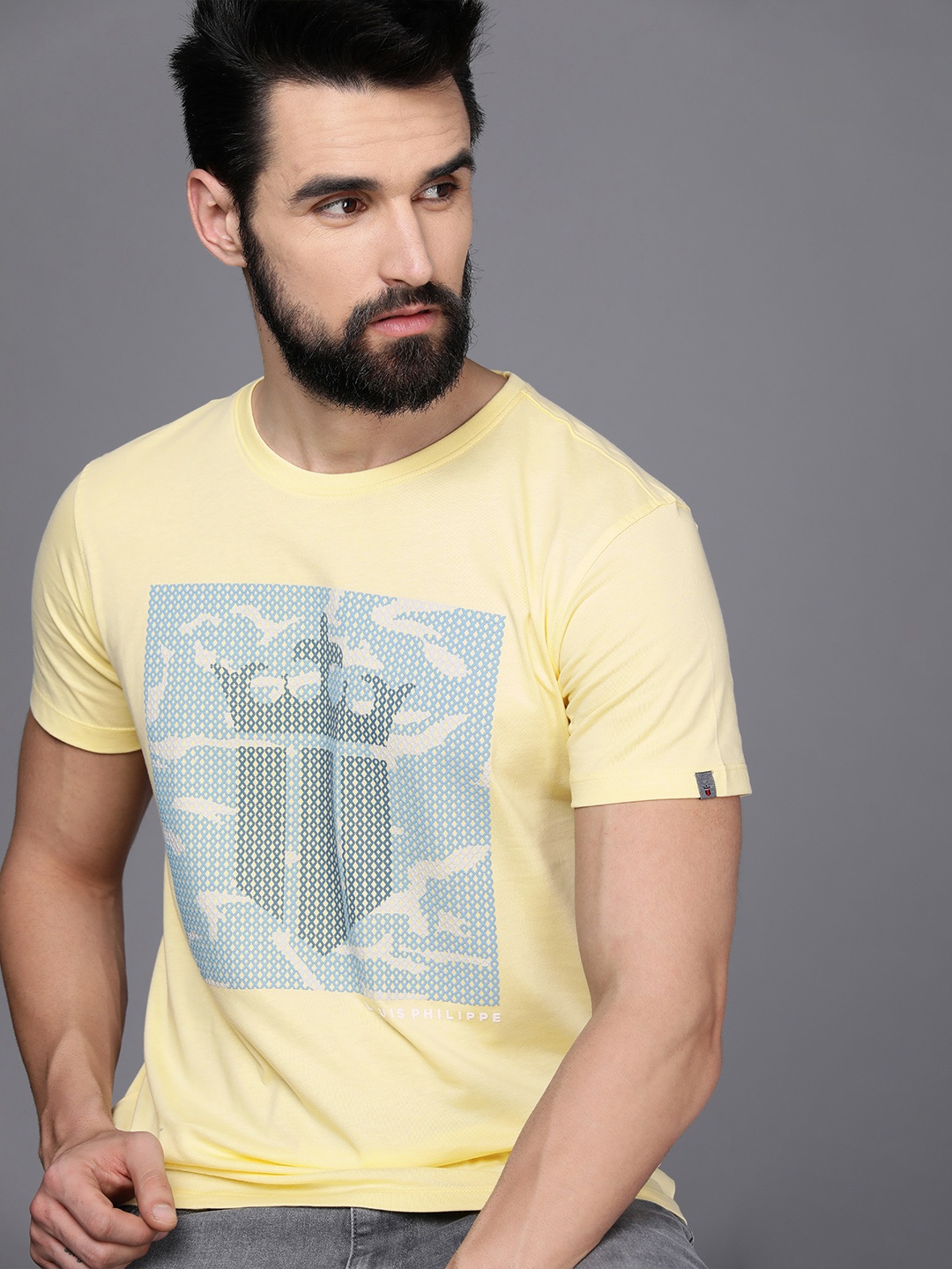 

Louis Philippe Jeans Men Yellow Brand Logo Printed Pure Cotton Slim Fit T-shirt