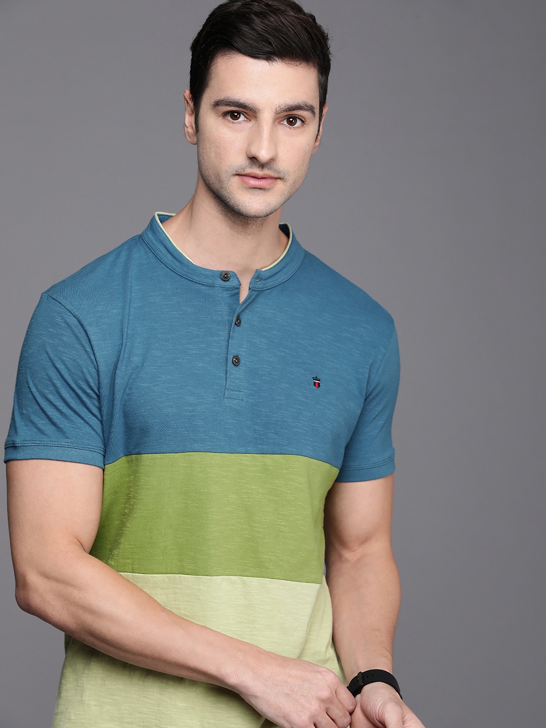 

Louis Philippe Jeans Men Blue & Green Colourblocked Slim Fit Pure Cotton Casual T-shirt