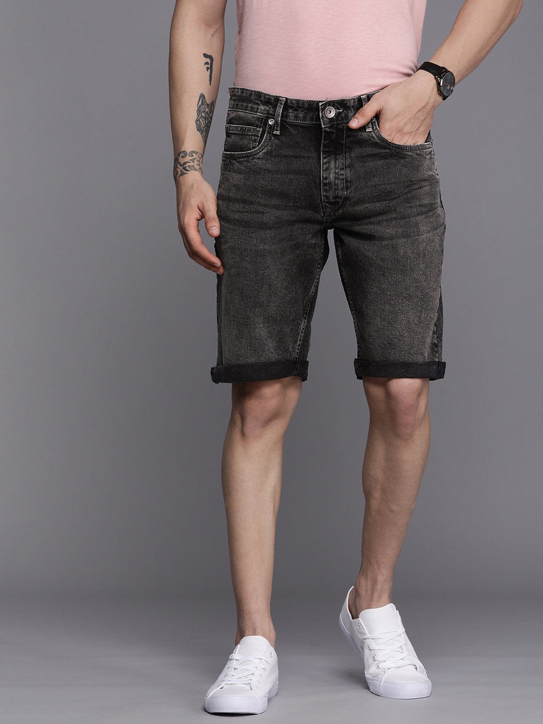 

Louis Philippe Jeans Men Grey Melange Slim Fit Denim Shorts