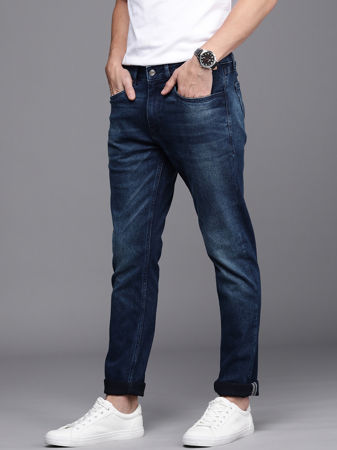 

Louis Philippe Jeans Men Navy Blue Slim Fit Low-Rise Light Fade Stretchable Jeans