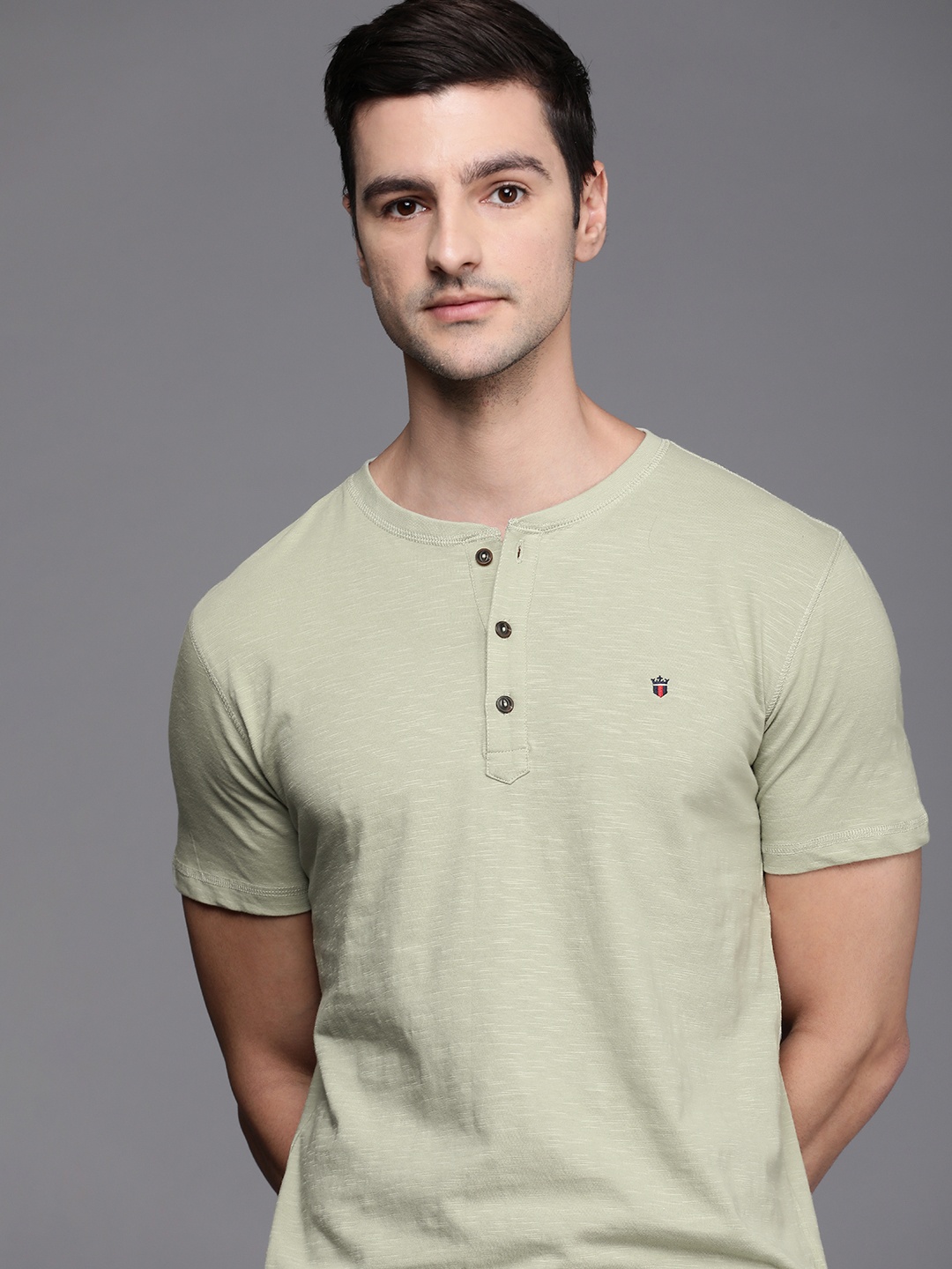 

Louis Philippe Jeans Men Olive Green Solid Slim Fit Pure Cotton Casual T-shirt