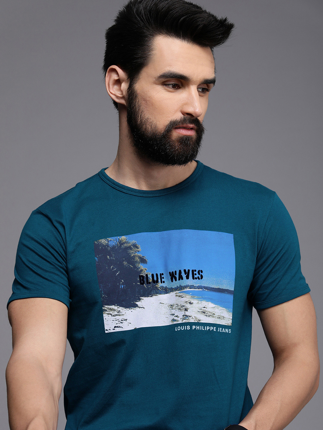 

Louis Philippe Jeans Men Teal Blue Graphic Printed Pure Cotton Slim Fit T-shirt