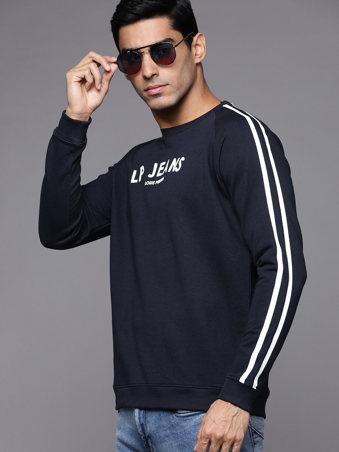 

Louis Philippe Jeans Men Navy Blue & White Brand Logo Printed Sweatshirt