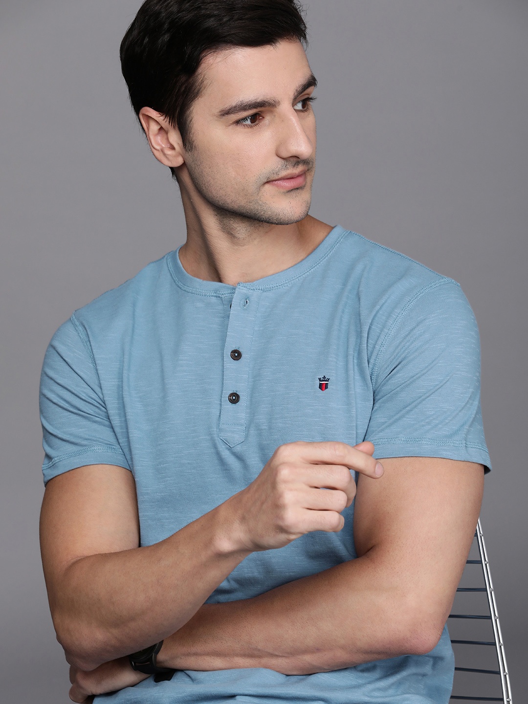 

Louis Philippe Jeans Men Blue Solid Slim Fit Pure Cotton Casual T-shirt