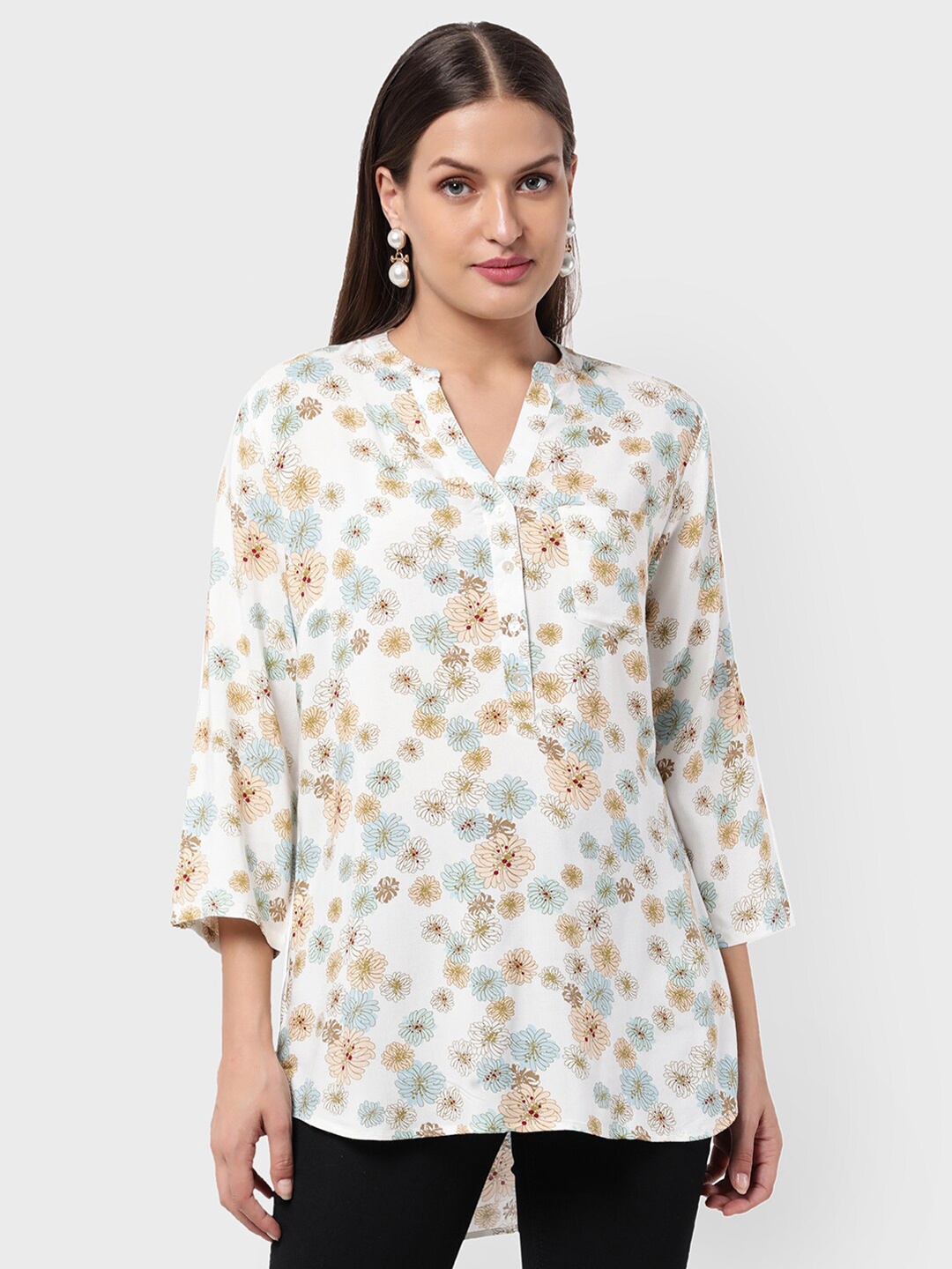 

R&B Women White & Green Printed High-Low Tunic