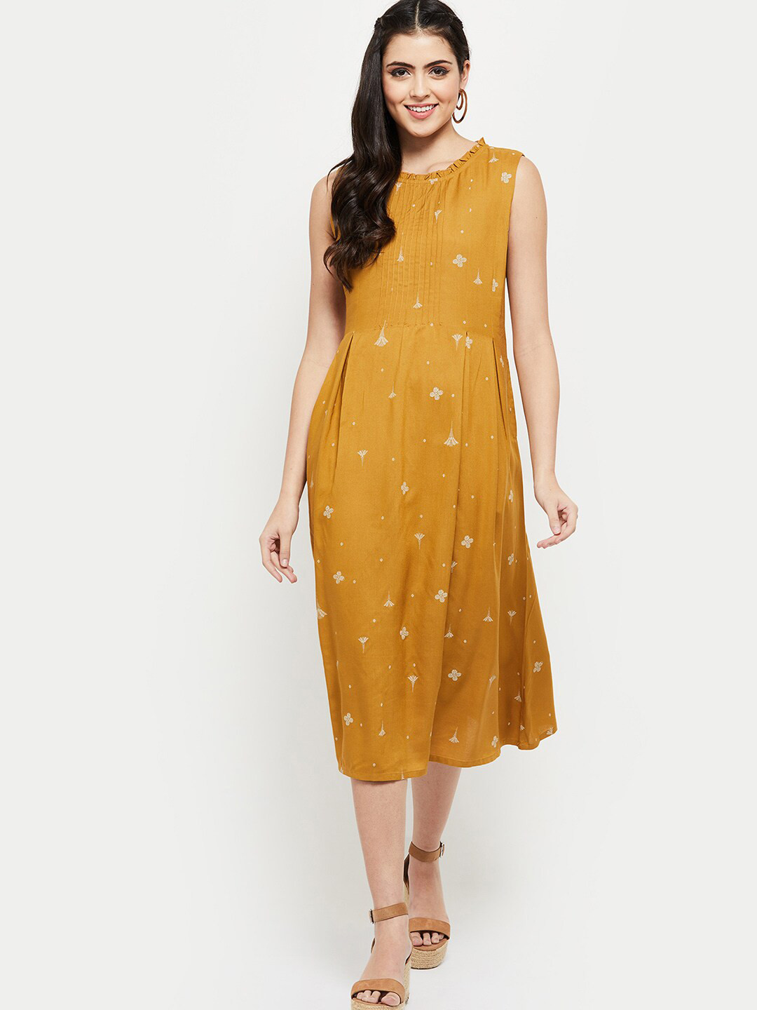 

max Mustard Yellow & bamboo A-Line Midi Dress