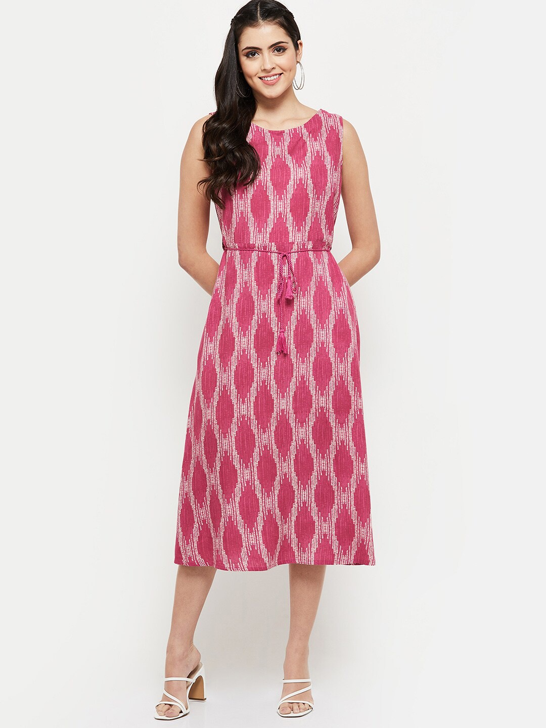 

Max Women Pink Abstract Print Sleeveless A-Line Midi Dress