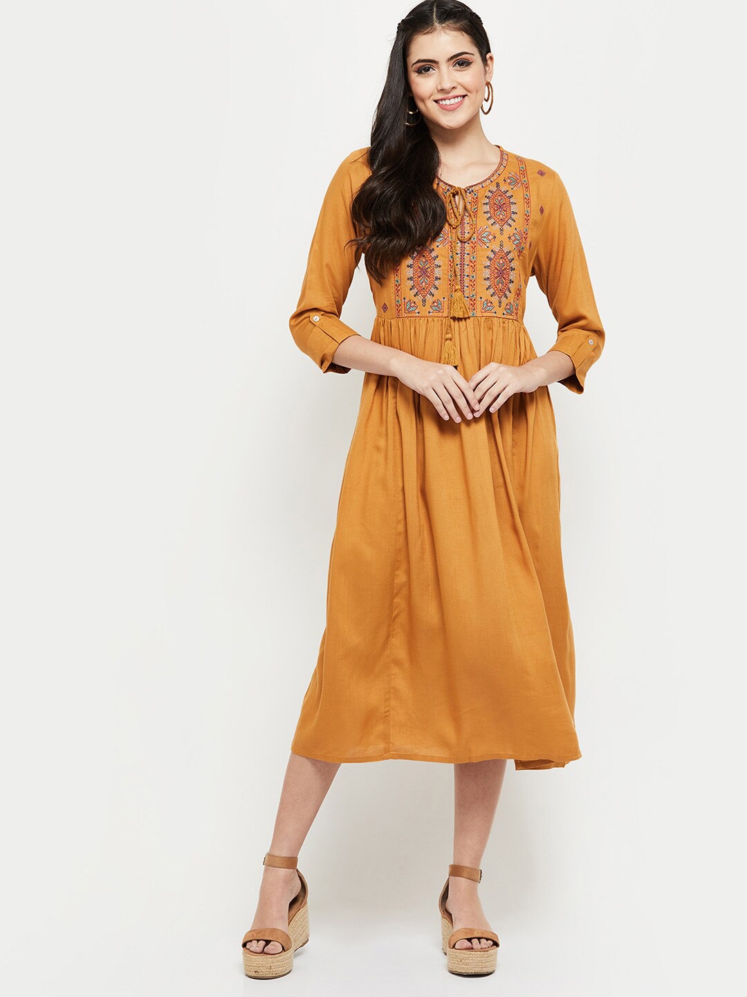 

max Mustard Yellow & butterscotch Ethnic Motifs A-Line Midi Dress