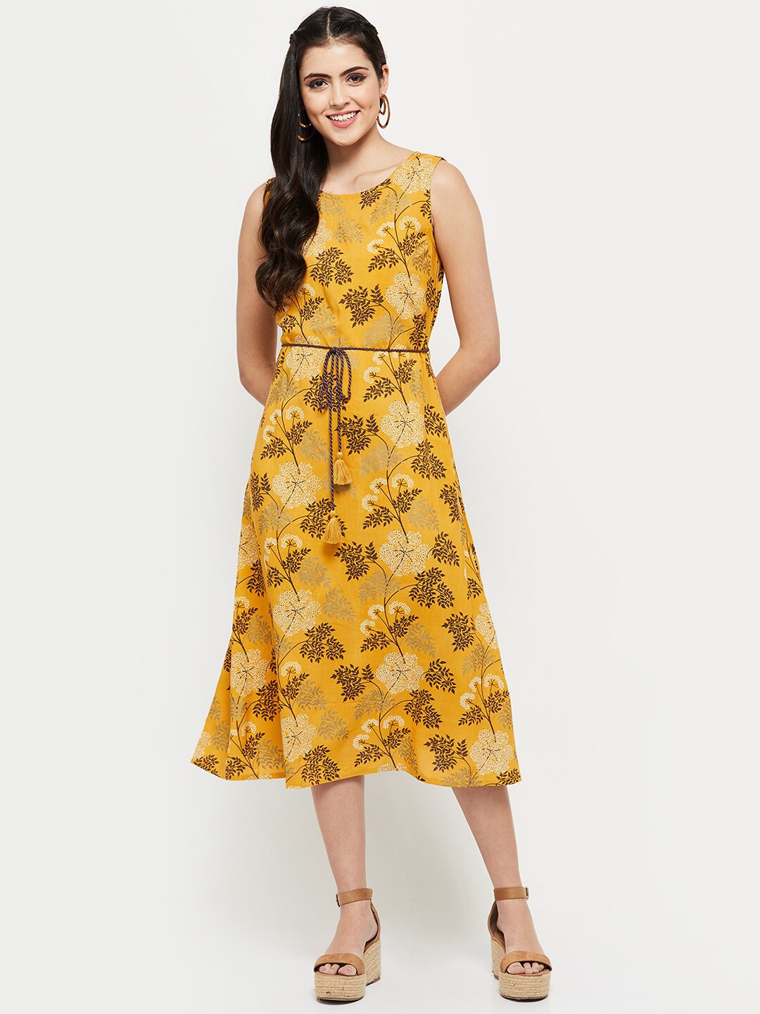 

max Mustard Yellow & goldenrod Floral Midi Dress