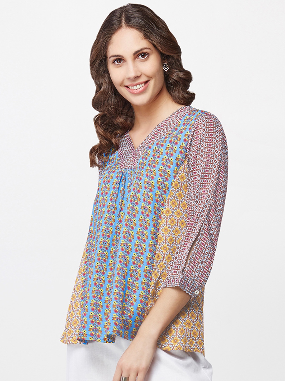 

Global Desi Women Blue Printed Top