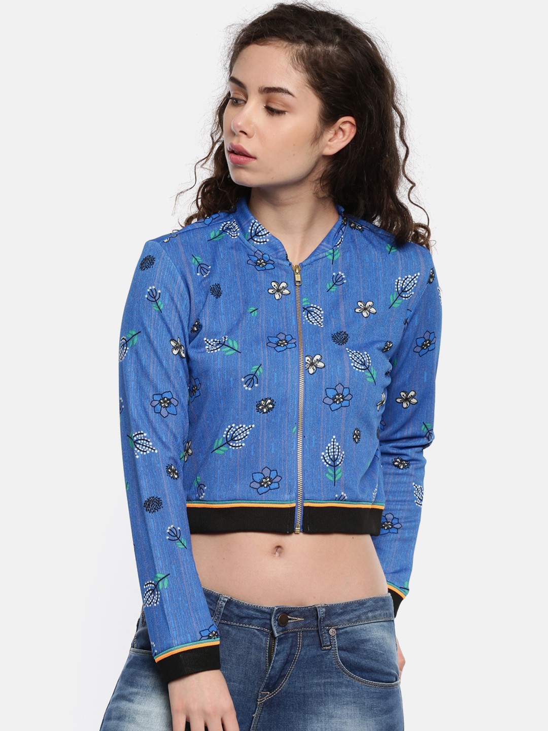 

Global Desi Women Blue Printed Tailored Crop Jacket