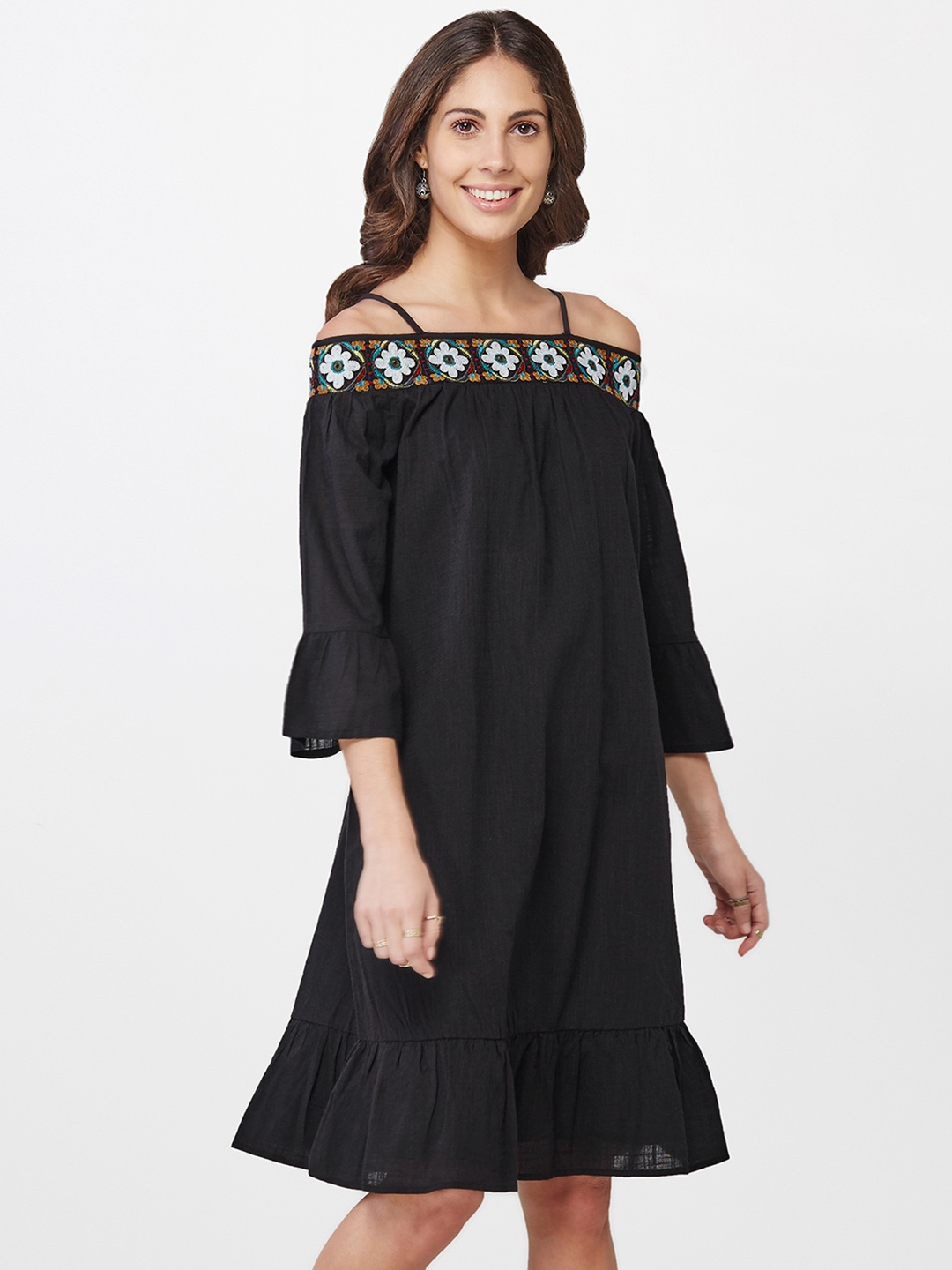 

Global Desi Women Black Solid A-Line Dress