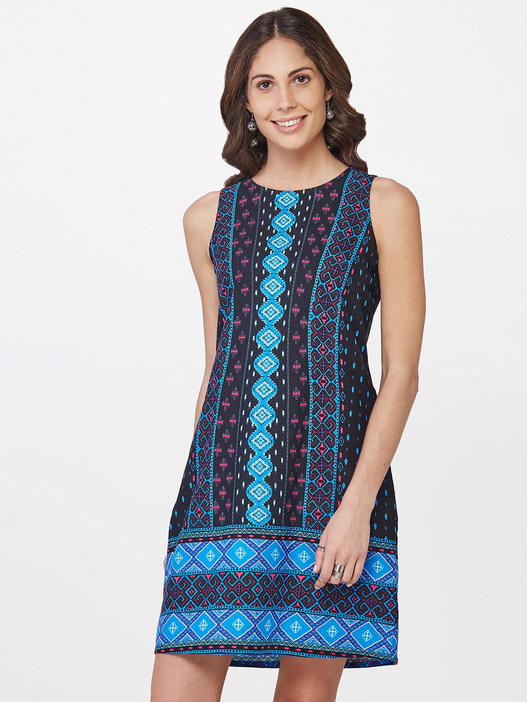 

Global Desi Women Black & Blue Printed A-Line Dress