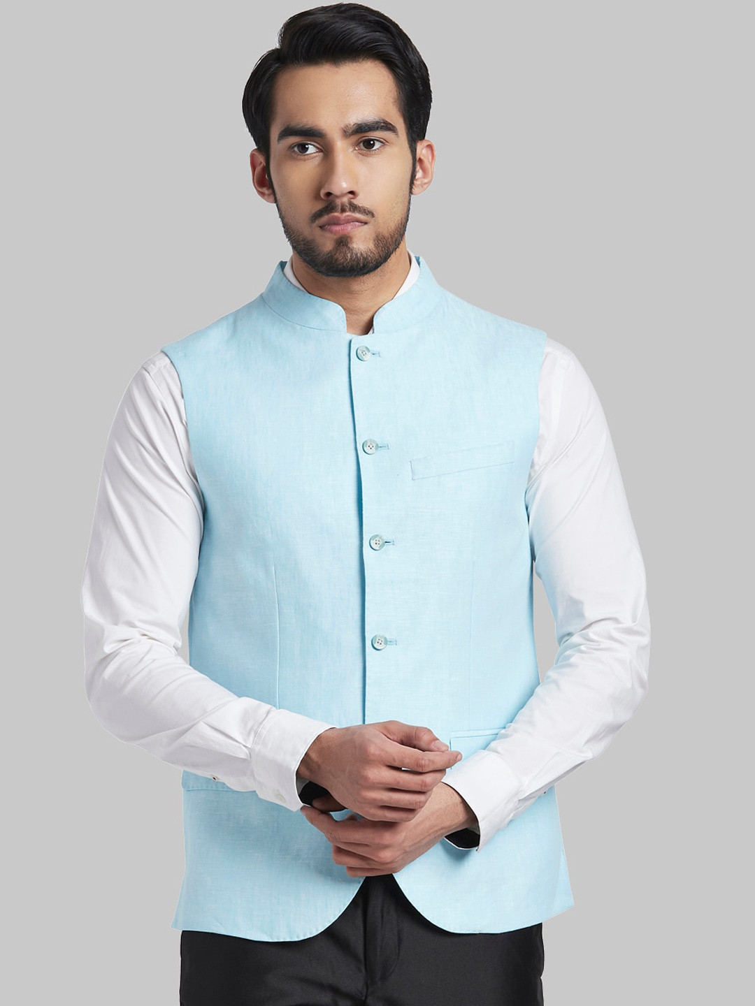 

Parx Men Blue Solid Linen Nehru Jacket