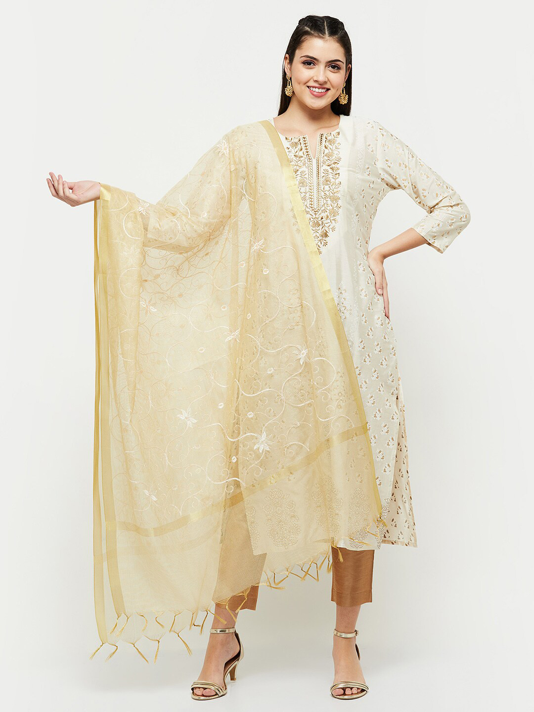 

max Gold-Toned & White Embroidered Dupatta