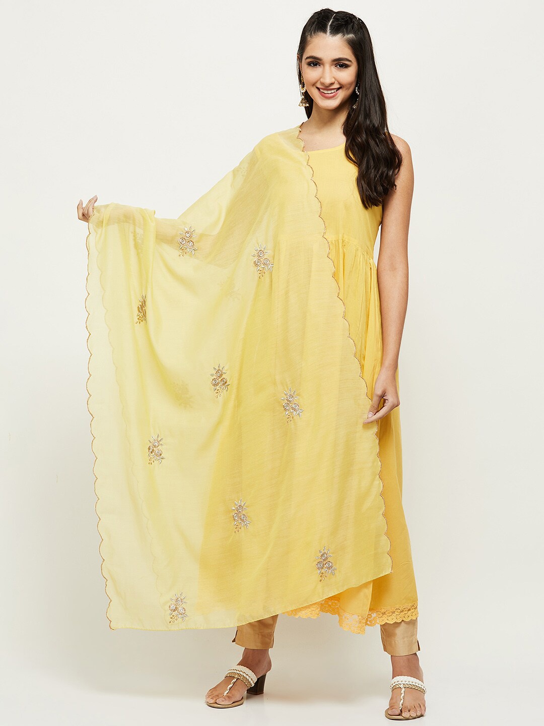 

max Yellow & Silver-Toned Embroidered Dupatta